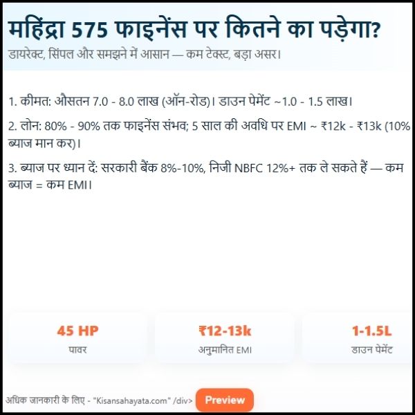 महिंद्रा 575 फाइनेंस पर कितने का पड़ेगा