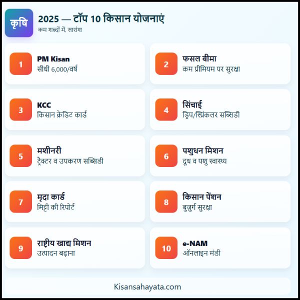 2025 की टॉप 10 किसान योजनाएं PM Kisan, फसल बीमा, क्रेडिट कार्ड