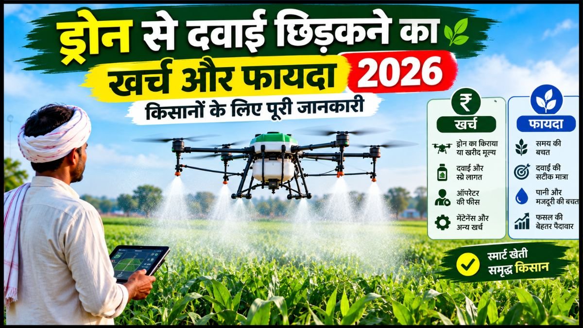 ड्रोन से दवाई छिड़कने का खर्च और फायदा 2026 किसानों के लिए पूरी जानकारी